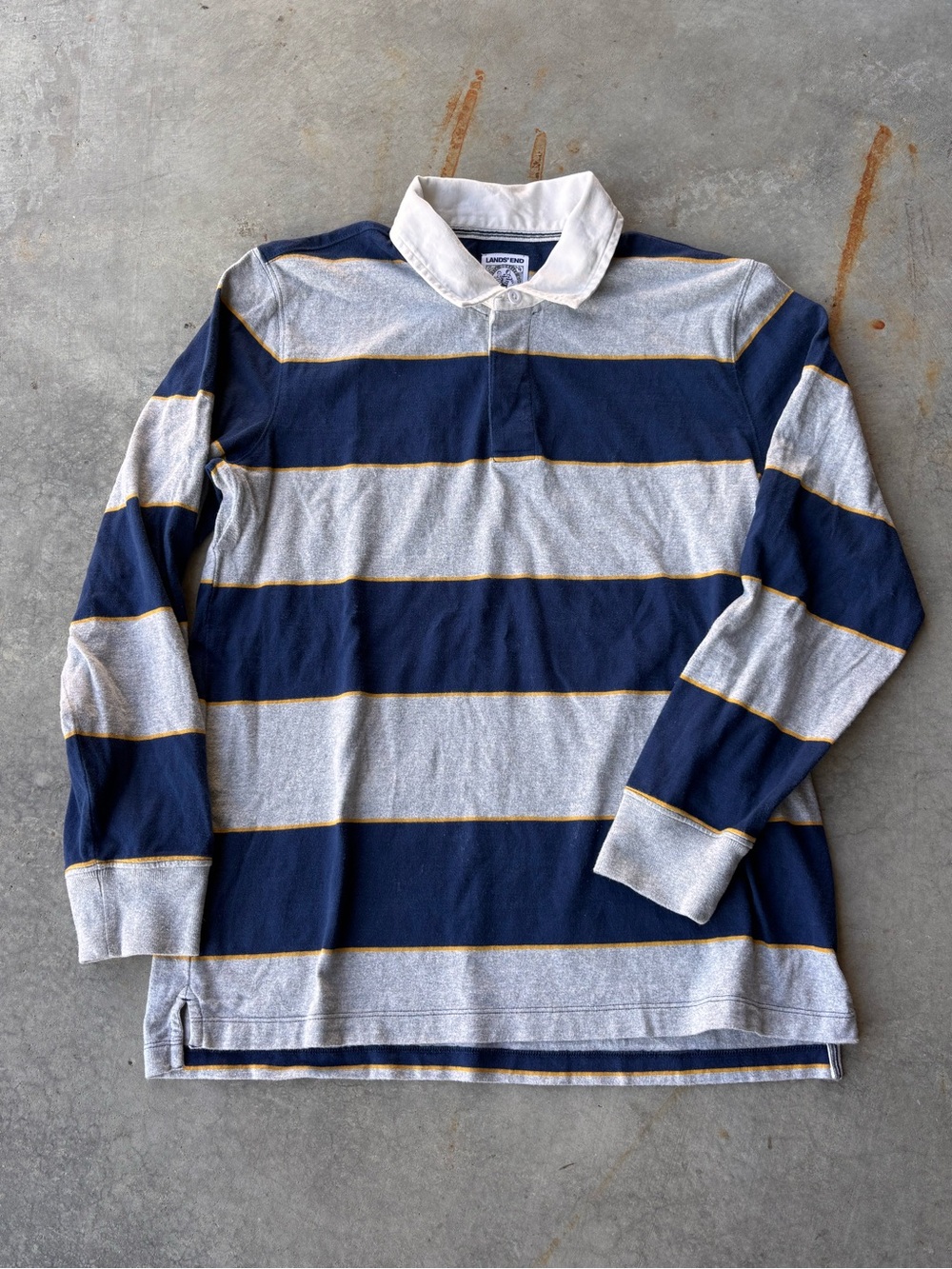 Lands’ End Rugby Shirt Men’s L Navy Gray Yellow Striped Preppy